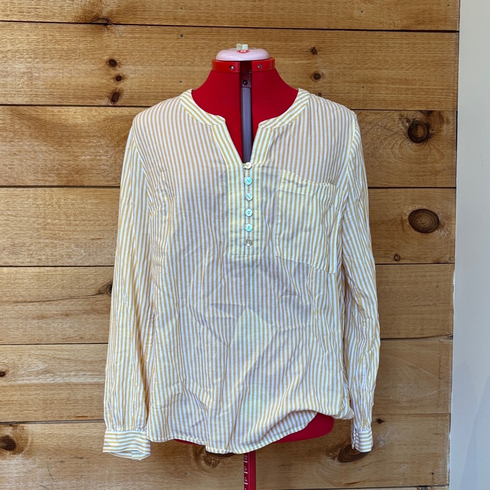 J. Jill Yellow and White Striped Long-Sleeve Henley Top